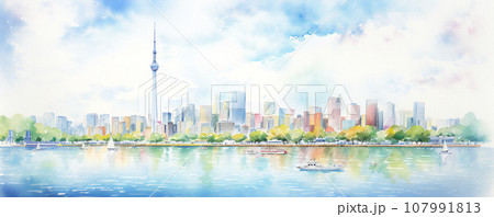 東京お台場をイメージした横長水彩風景(Generative AI) 107991813