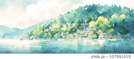 湖のある山をイメージした横長水彩風景(Generative AI)のイラスト素材