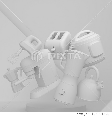 Abstract scene or podium with kitchen appliances and utensils on monochrome. 107991850
