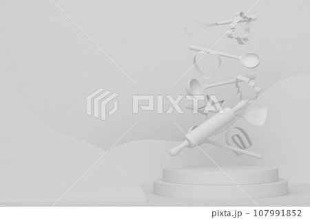 Abstract scene or podium with kitchen utensil on monochrome background 107991852