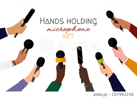 Hands holding microphones. Mass media reporters and journalists with mic recorder taking interview on live tv. Journalism concept Hands holding microphones. Mass media reporters and journalists with mic recorder taking interview on live tv. Journalism concept 107992236