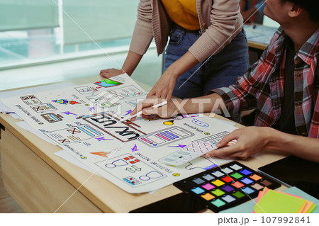 Team of Creative Web, Graphic Designer planning for mobile phone, drawing website ux ui app for mobile phone application and development template layout, process to developing prototype wireframe 107992841