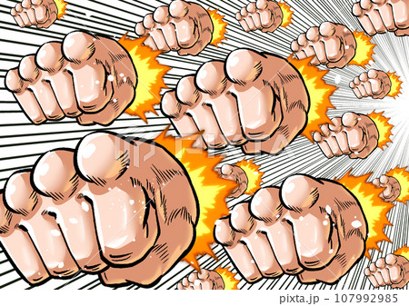 斜めアングルのラッシュパンチする劇画マンガ風イラスト 107992985