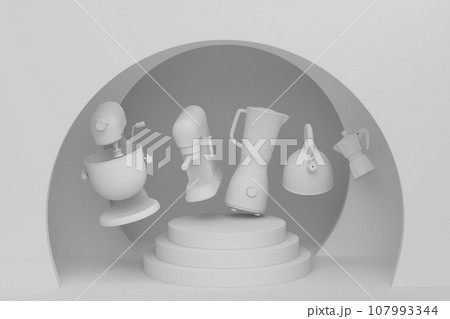 Abstract scene or podium with kitchen appliances and utensils on monochrome. 107993344