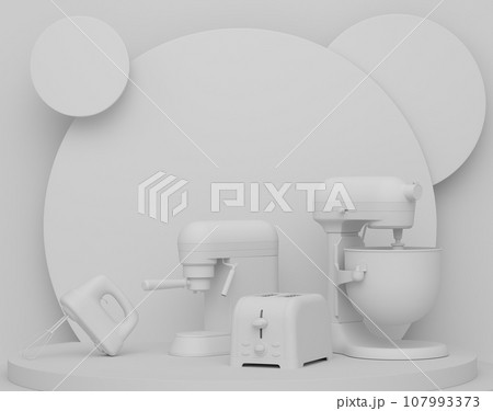 Abstract scene or podium with kitchen appliances and utensils on monochrome. Abstract scene or podium with kitchen appliances and utensils on monochrome. 107993373