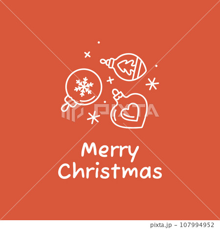 Happy New Year and Merry Christmas. Greeting card, poster, holiday cover. Christmas design with beautiful snowflakes and Christmas balls in modern line art style on a red background. Christmas tree Happy New Year and Merry Christmas. Greeting card, poster, holiday cover. Christmas design with beautiful snowflakes and Christmas balls in modern line art style on a red background. Christmas tree 107994952