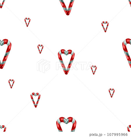 Watercolor pattern of traditional Christmas candies in the shape of a heart on a white background, sweet white and red heart 107995966
