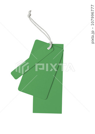 Various shape of blank green paper label or cloth tags isolated on white background 107996777
