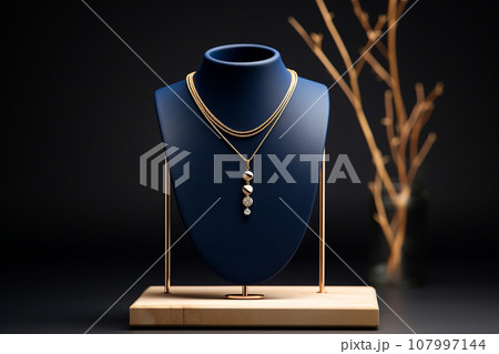 Luxury jewelry on stand. Golden necklace on bust mannequin in the store. Jewelry showcase, selective focus Luxury jewelry on stand. Golden necklace on bust mannequin in the store. Jewelry showcase, selective focus 107997144