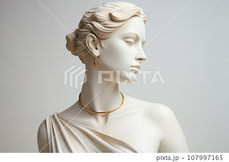 Statue with jewelry, bust of woman wearing golden necklace and earrings. Sculpture with luxury jewelry. Timeless, eternal beauty and style concept. Gypsum stone woman Greek statue with golden chain Statue with jewelry, bust of woman wearing golden necklace and earrings. Sculpture with luxury jewelry. Timeless, eternal beauty and style concept. Gypsum stone woman Greek statue with golden chain 107997165