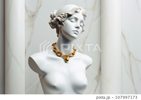 Statue with jewelry, bust of woman wearing golden necklace. Sculpture with luxury jewelry. Timeless, eternal beauty and style concept. Gypsum stone woman Greek statue with golden chain, copy space. 107997173