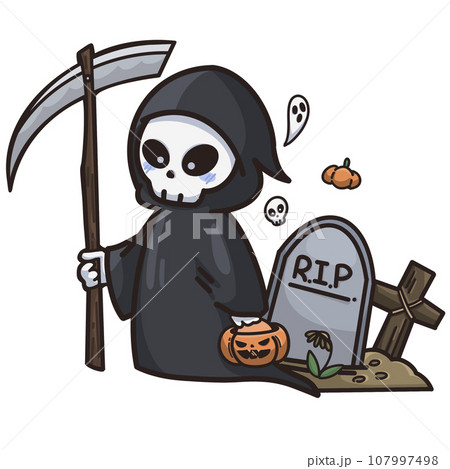 Cute skeleton ghost with ax and grave on Halloween 107997498