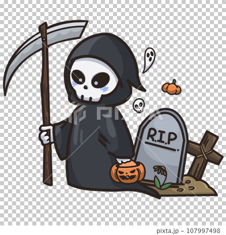 Cute skeleton ghost with ax and grave on Halloween 107997498