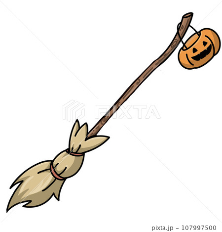 Witch broomstick and Halloween pumpkin Witch broomstick and Halloween pumpkin 107997500