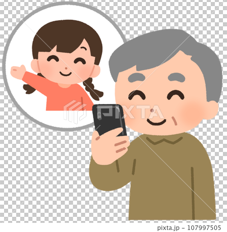 女の子とスマホを使う高齢男性 107997505