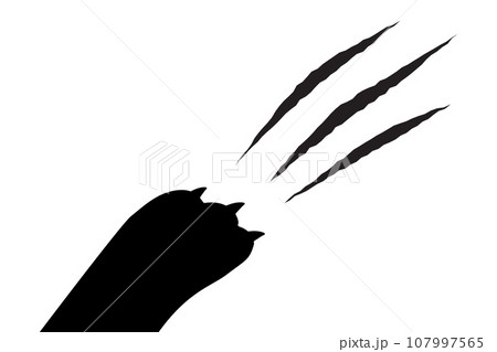 Cat paw silhouette scratch the background. Black isolated on white. Stock vector illustration. 107997565