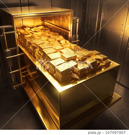 Opened safe or vault with lot of gold bars, investment gold 107997807