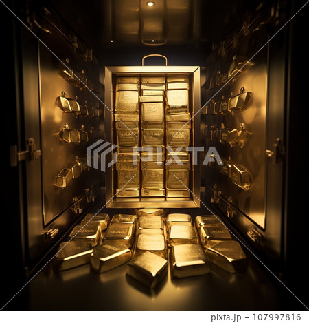 Opened safe or vault with lot of gold bars, investment gold Opened safe or vault with lot of gold bars, investment gold 107997816