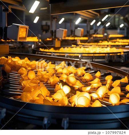 Production of potatoes chips, industrial and food concept 107997824