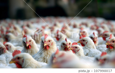 Broiler chicken industry. Broiler or Cornish chicken farm indoors. Meat and breeder farm industry. Ready for slaughter. crammed together 107998017