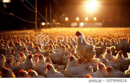 Broiler chicken industry. Broiler or Cornish chicken farm indoors. Meat and breeder farm industry. Ready for slaughter. crammed together 107998018