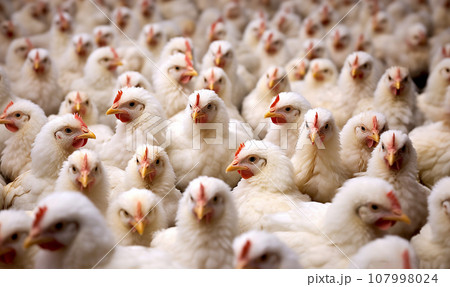 Broiler chicken industry. Broiler or Cornish chicken farm indoors. Meat and breeder farm industry. Ready for slaughter. crammed together Broiler chicken industry. Broiler or Cornish chicken farm indoors. Meat and breeder farm industry. Ready for slaughter. crammed together 107998024