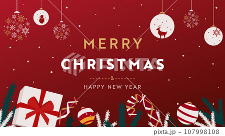 プレゼントやキャンディー、オーナメントで飾られたクリスマス背景テンプレート（赤） 107998108