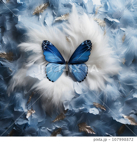 beautiful blue butterfly on a background of blue and white bird feathers, beautiful unusual composition, natural wallpaper 107998872