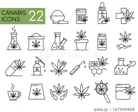 Medical marijuana. Cannabis related line icon set. Cannabidiol linear icons. Marijuanas outline vector signs and symbols. Vector illustration EPS10 107998989