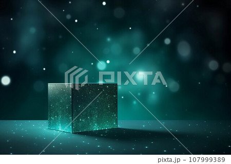 ダーク青緑背景に白いボケライトと四角い展示台があるテンプレート。AI生成画像 107999389