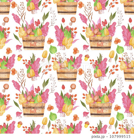 Hand drawn watercolor autumn leaves, berries and mushrooms in a basket composition seamless pattern isolated on white background. Can be used for Scrapbook, textile, fabric, gift-wrapping. 107999515