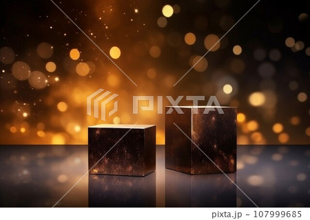 ダーク茶色の背景に金色の丸いボケライトと二つの四角い展示台があるテンプレート。AI生成画像 107999685