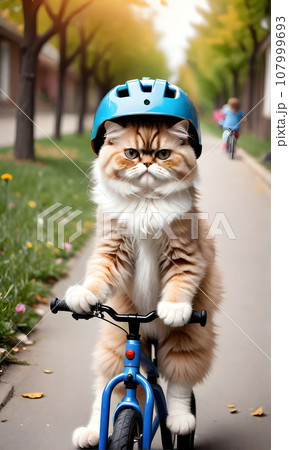 A Persian cat rides a bicycle wearing a helmet. Stock Illustration 107999693 PIXTA