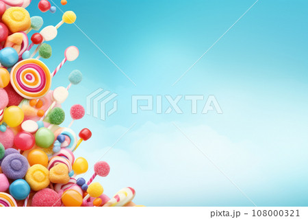 AI-generated content. different candy over a blue studio background with vibrant colors 108000321