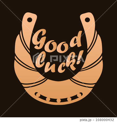 Horseshoe symbol. Good luck card. Silhouette horse shoe. Fortune and happiness talisman. Blacksmith success. Farm or equestrian logo. Western cowboy icon. Lucky chance. Vector banner 108000432