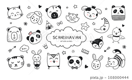 Cute Scandinavian baby. Black and white tattoo or simple stickers. Nordic superhero panda. Sleeping owl bird and bear. Sweet night dream. Animal muzzles set. Vector illustration design Cute Scandinavian baby. Black and white tattoo or simple stickers. Nordic superhero panda. Sleeping owl bird and bear. Sweet night dream. Animal muzzles set. Vector illustration design 108000444