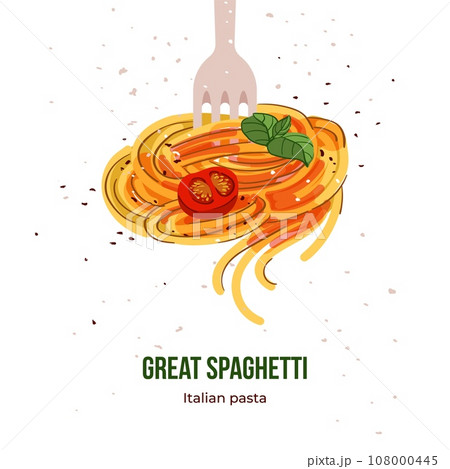 Pasta on fork. Italian traditional food, Italy cuisine, spaghetti cook in restaurant, fresh tasty meal, travel card. Macaroni and tomatoes and basil. Vector card, cartoon flat isolated concept Pasta on fork. Italian traditional food, Italy cuisine, spaghetti cook in restaurant, fresh tasty meal, travel card. Macaroni and tomatoes and basil. Vector card, cartoon flat isolated concept 108000445