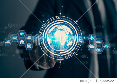 Businessman Hand and Finger Touch Globe or World and Blue HUD Logistics Icon in Vintage Tone Businessman Hand and Finger Touch Globe or World and Blue HUD Logistics Icon in Vintage Tone 108000522