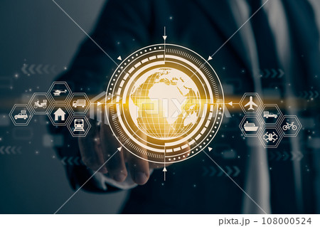 Businessman Hand and Finger Touch Globe or World and HUD Logistics Icon in Vintage Tone Businessman Hand and Finger Touch Globe or World and HUD Logistics Icon in Vintage Tone 108000524