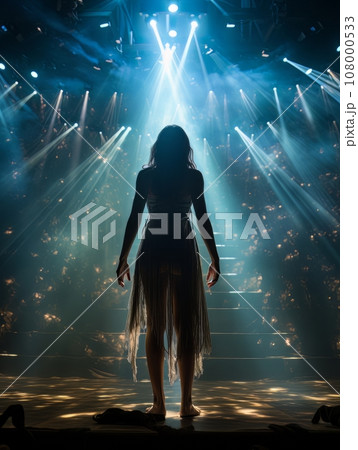 Fictional stooped tense woman nervous before going on stage AI 108000533
