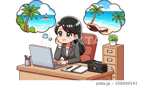 仕事中に旅行の妄想をする女性【AIイラスト】 仕事中に旅行の妄想をする女性【AIイラスト】 108000541