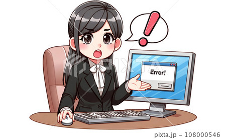 PCにエラー画面がでて驚く女性【AIイラスト】 108000546