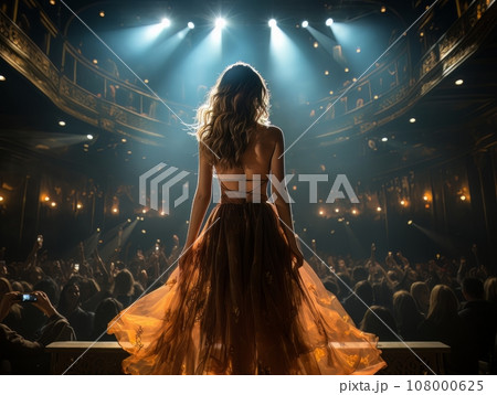 Fictional sexy woman artist on stage of luxury concert hall AI 108000625