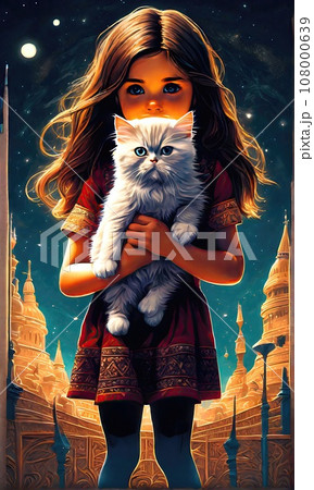 A little girl holds a Persian cat in her arms. Vertical image 108000639