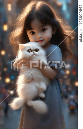 A little girl holds a Persian cat in her arms. Vertical image 108000643