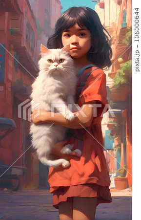 A little girl holds a Persian cat in her arms. Vertical image 108000644