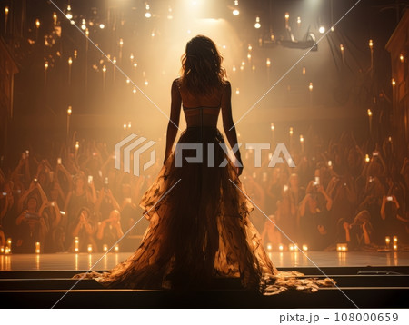 Fictional sexy woman artist on big stage of luxury concert hall AI 108000659