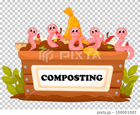 Cute cartoon worm characters having fun in box for organic garbage, recycling spoiled food Cute cartoon worm characters having fun in box for organic garbage, recycling spoiled food 108001085