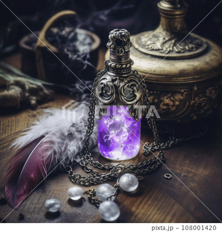 Magic ancient crystal bottle trimmed with silver, birds feather, crystals, exquisite old dishes on a wooden table, cinematic style, low key, selective focus. 108001420