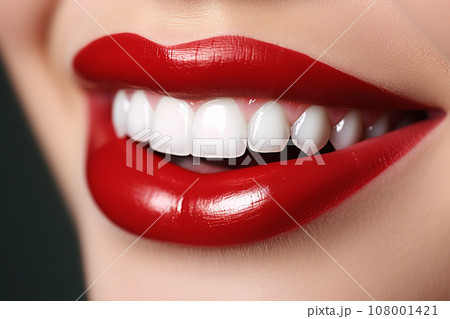 AI-generated content. Perfect white teeth smile of a young woman, close up 108001421
